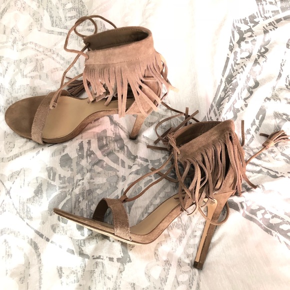 FOREVER 21 Taupe Fringe Ankle Strap Suede Heels - Picture 3 of 3